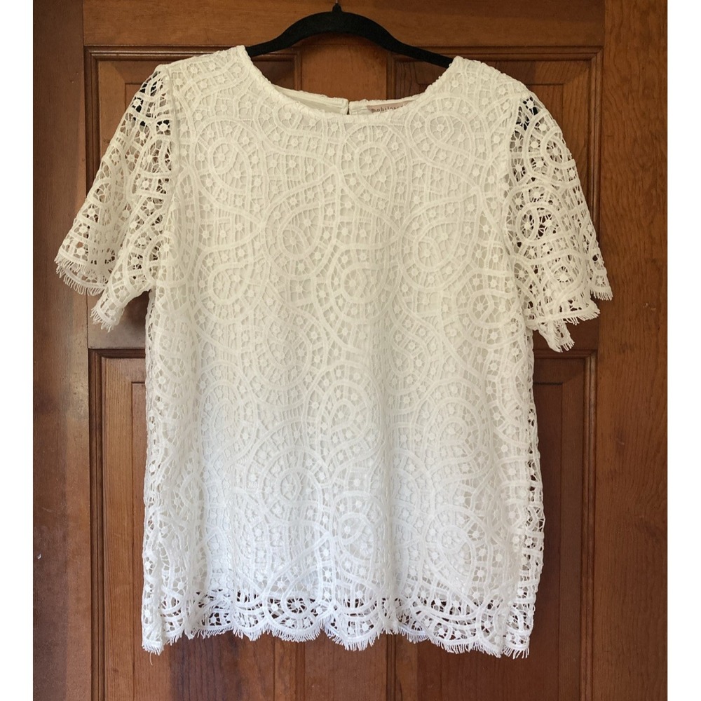 Philosophy Womens M White Short Sleeve Geometric Lace Top Coquette Bridal Classy